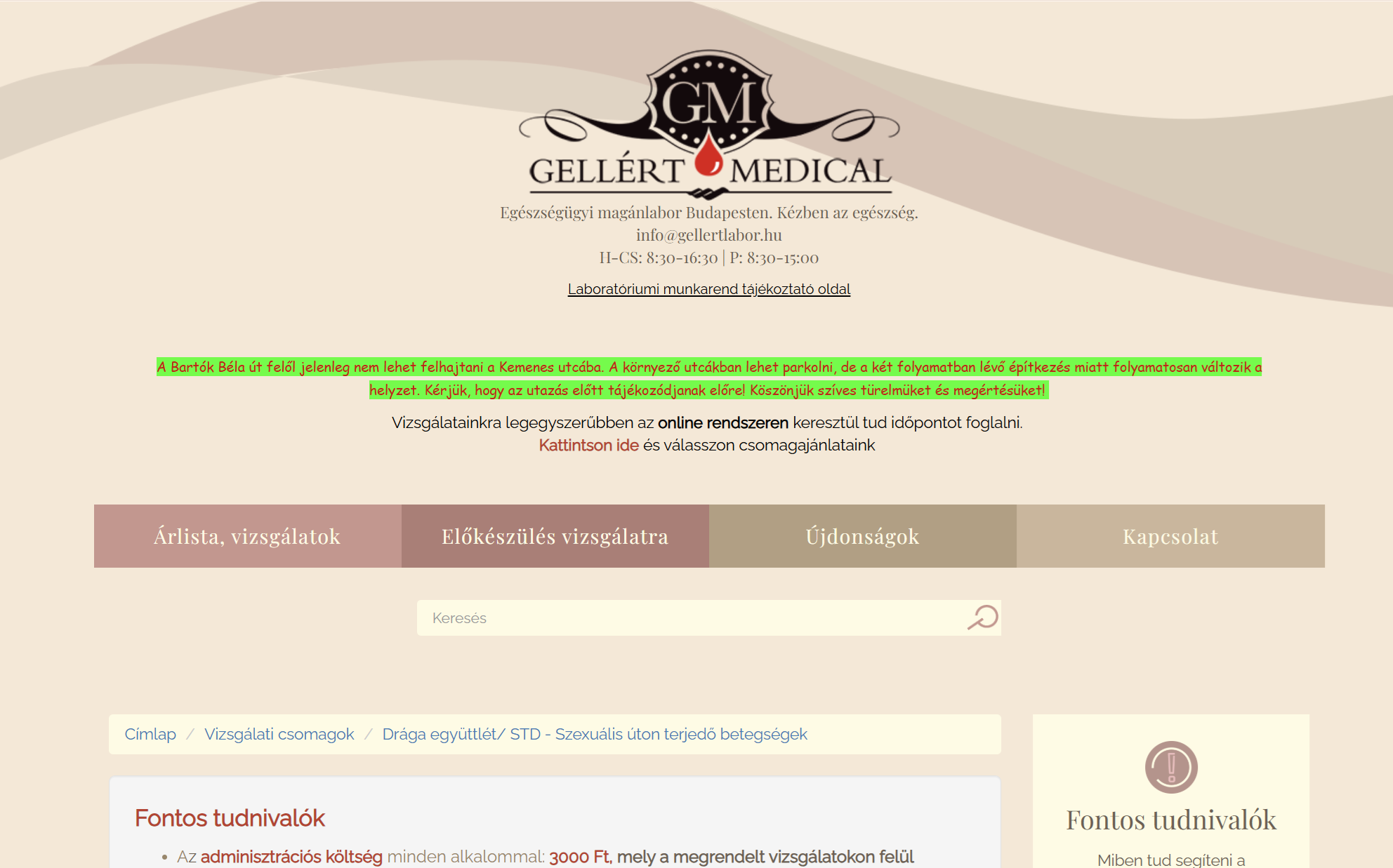Gellért Medical Labor – STD-panelek képernyőfotó