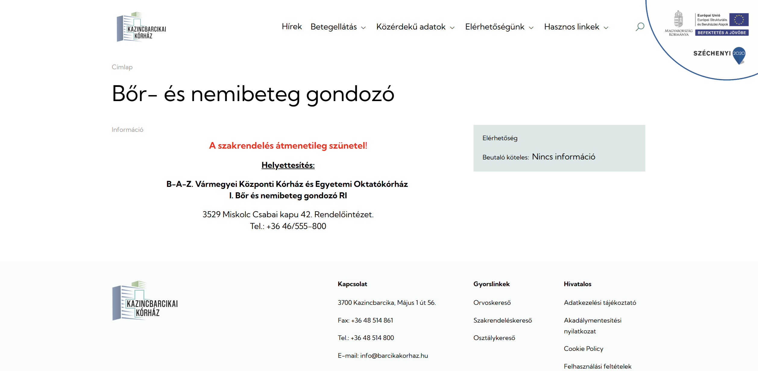 Kazincbarcikai Kórház – Bőr- és Nemibeteg Gondozó képernyőfotó