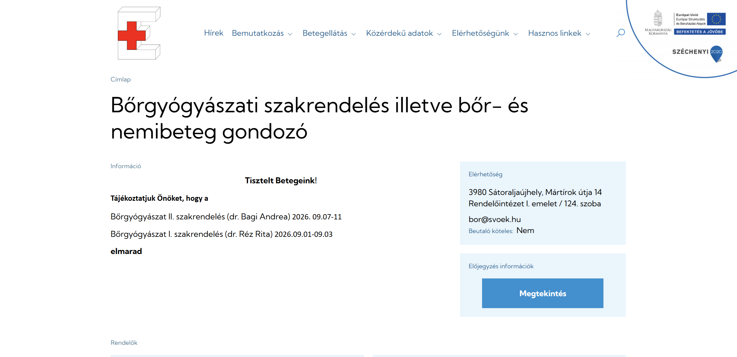Sátoraljaújhelyi Erzsébet Kórház – Bőr- és Nemibeteg Gondozó képernyőfotó