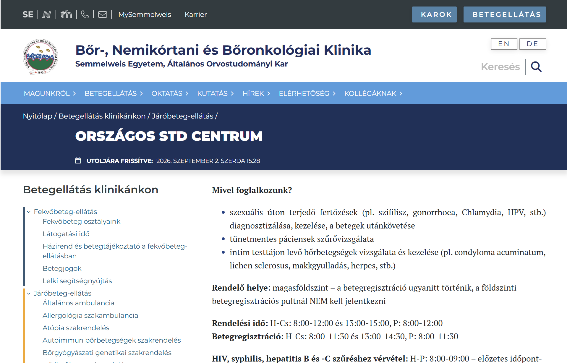 Semmelweis Egyetem – Országos STD Centrum képernyőfotó
