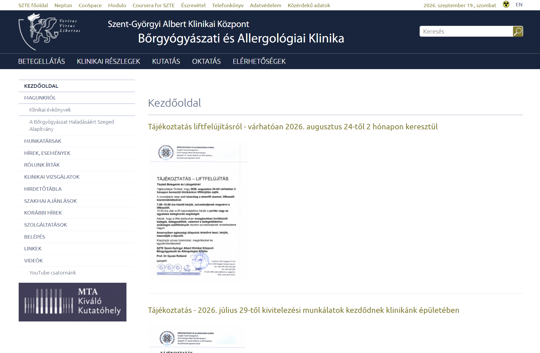 SZTE – Bőrgyógyászati és Allergológiai Klinika képernyőfotó
