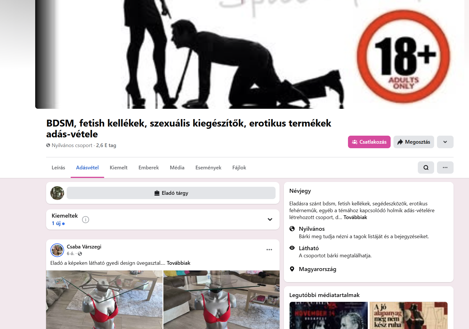 BDSM, fetish kellékek, szexuális kiegészítők, erotikus termékek adás-vétele – Facebook-csoport képernyőfotó