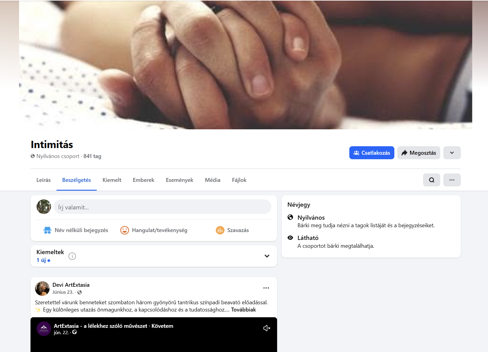Intimitás – Facebook-csoport képernyőfotó