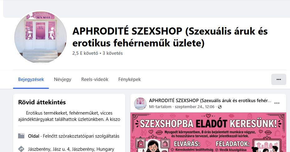 Aphrodité Szexshop – Facebook-oldal képernyőfotó