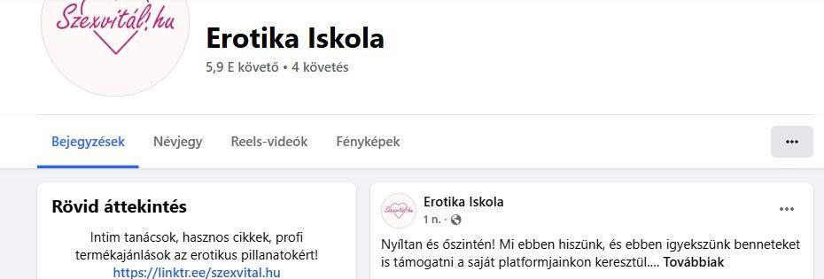 Erotika Iskola – Facebook-oldal képernyőfotó
