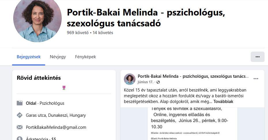 Portik-Bakai Melinda – pszichológus, szexológus tanácsadó – Facebook-oldal képernyőfotó