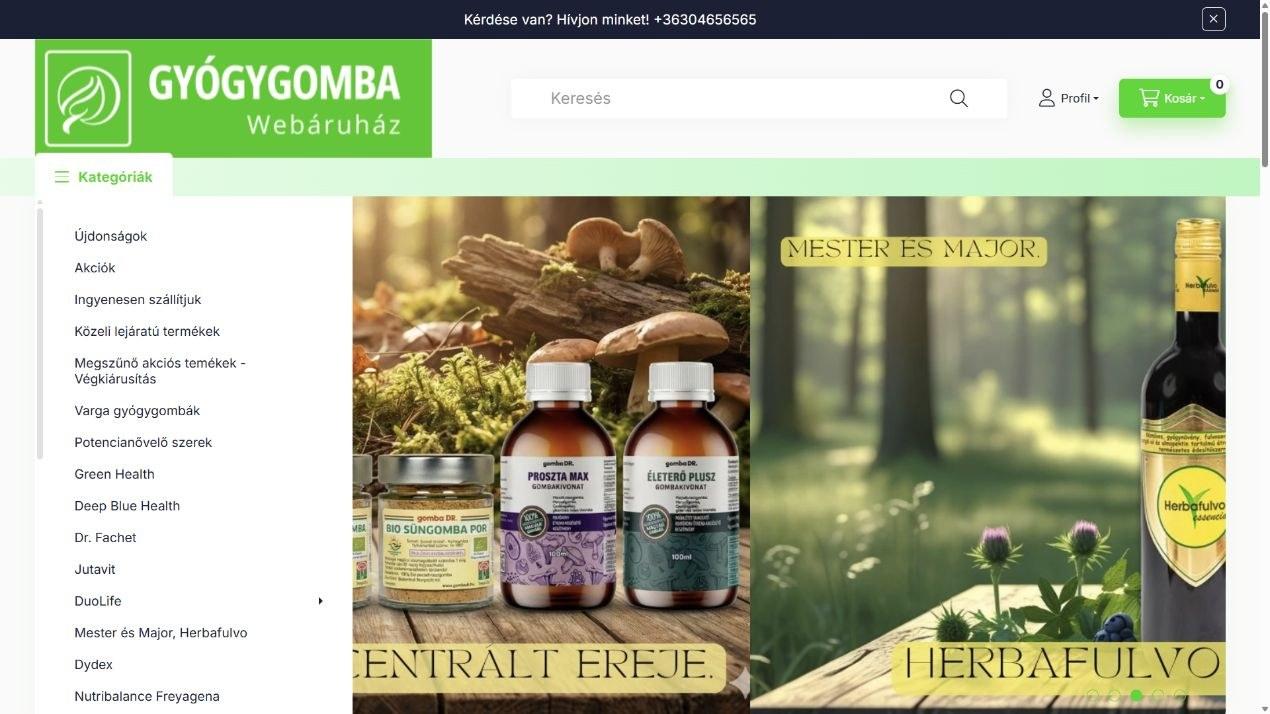 Gyógygomba Webáruház képernyőfotó